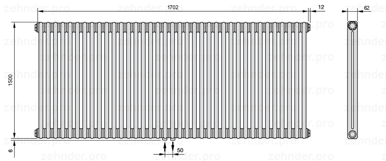 Схема (чертеж) Радиатор Zehnder Charleston 2150/37 №3470 Белый глянцевый RAL 9016